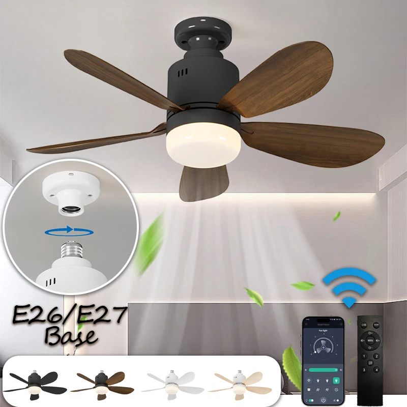 E26/E27 Socket LED Fan Light with Remote & APP 52.5cm 4 Speed Socket Ceiling Fans with Lighting Light Bulb Fan for Bedroom Home
