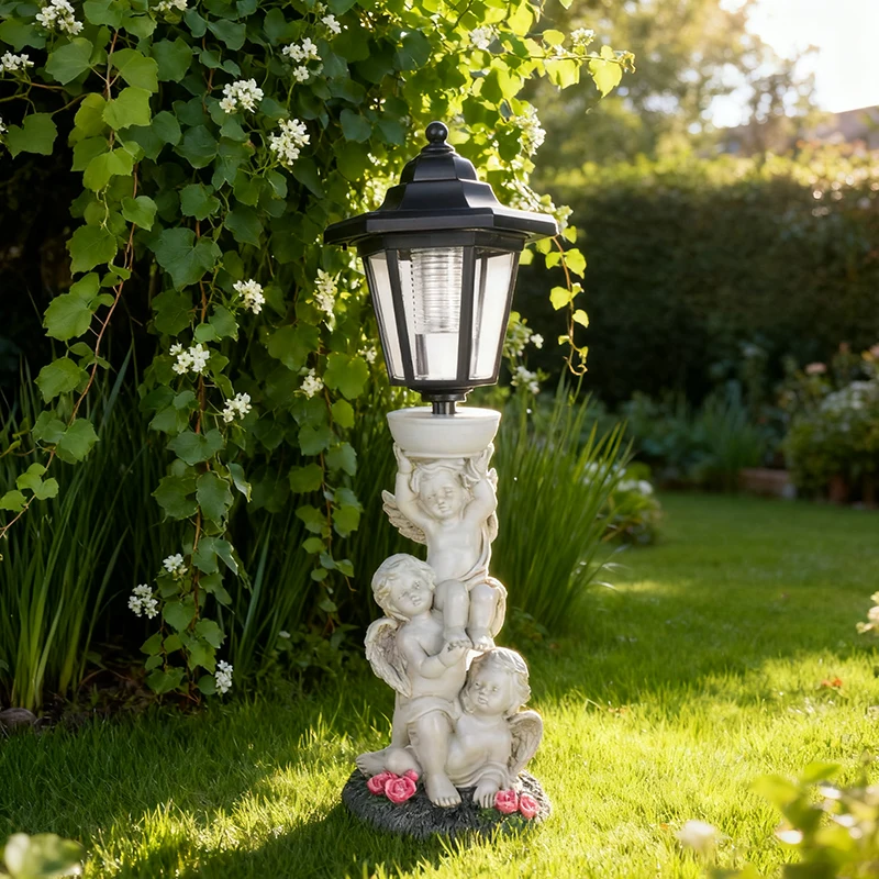

Статуя ангела на солнечной энергии, лампа, шестиугольный садовый декоративный светильник, уличный садовый газон, атмосфера, декоративный орнамент