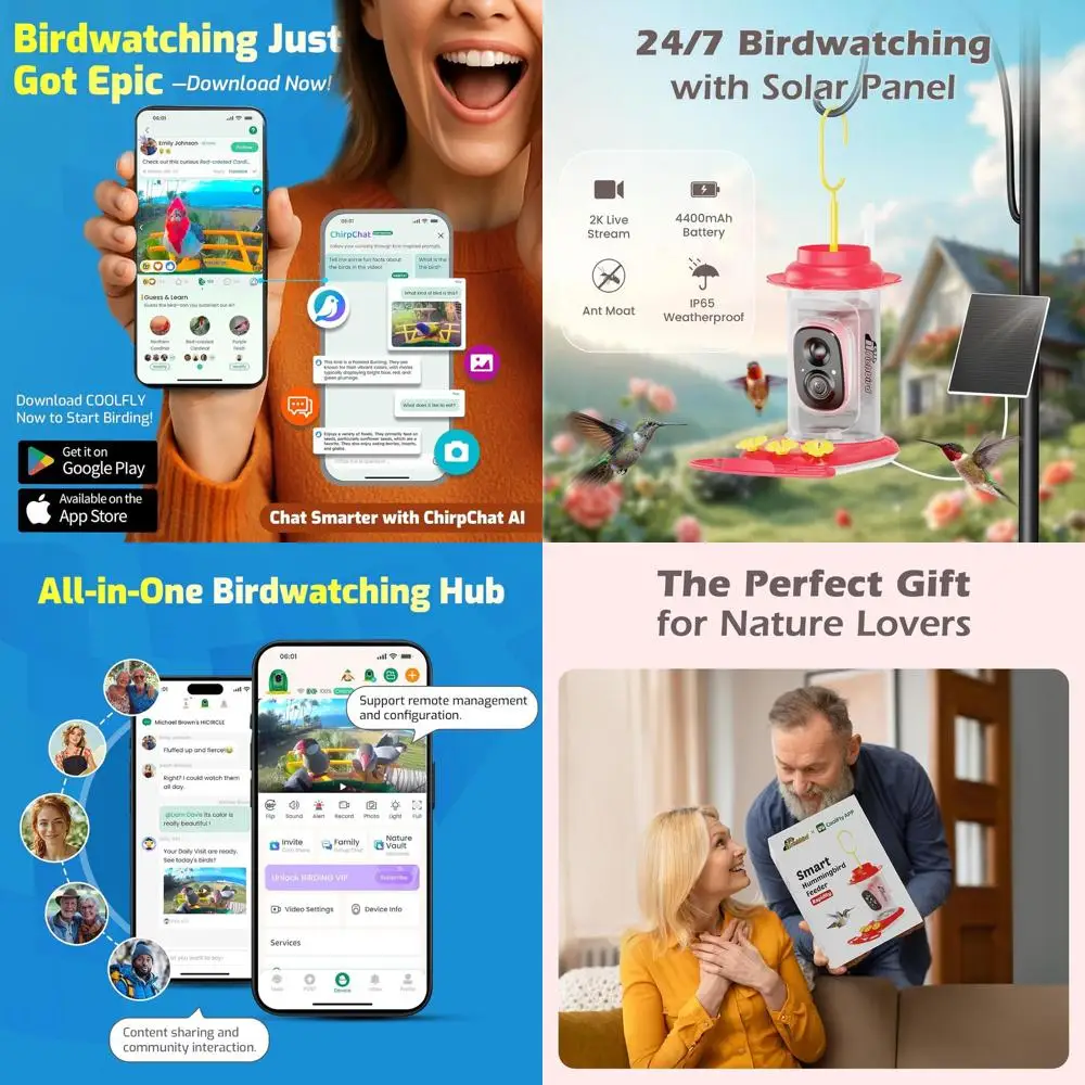 

Умная кормушка для колибри с камерой на солнечной энергии, идентификация AI, мгновенное уведомление, герметичная кормушка для птиц с муравьем и камерой