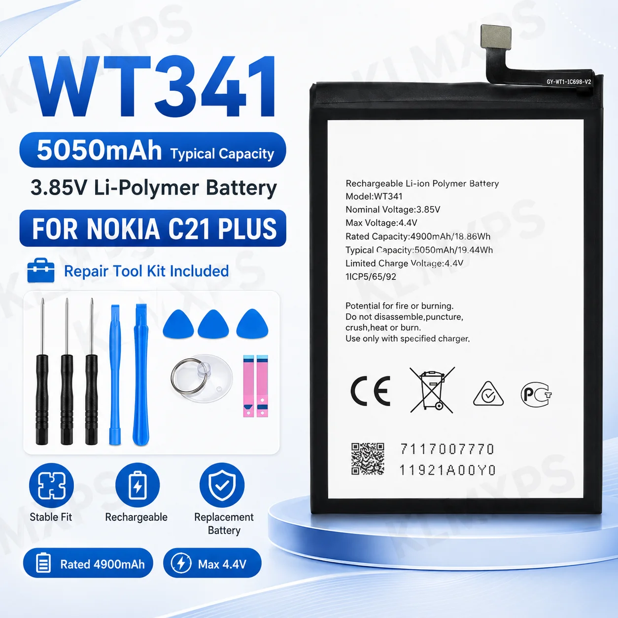 WT341 Battery 5050mAh 3.85V Rechargeable Li-Polymer Replacement Battery for Nokia C21 Plus TA-1433 TA-1431 with Tool Kit