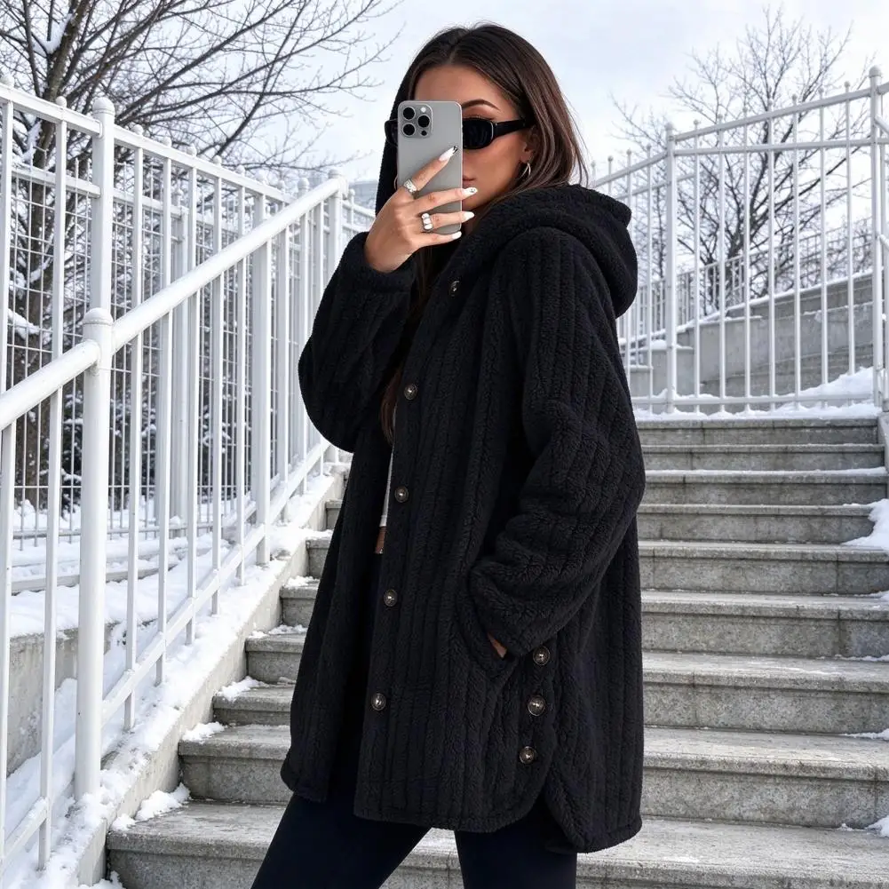 Women Hooded Jacket Button Closure Jacket Women’s Fleece Hooded Coat Oversized Button Front Jacket Warm Long Sleeve for Fall
