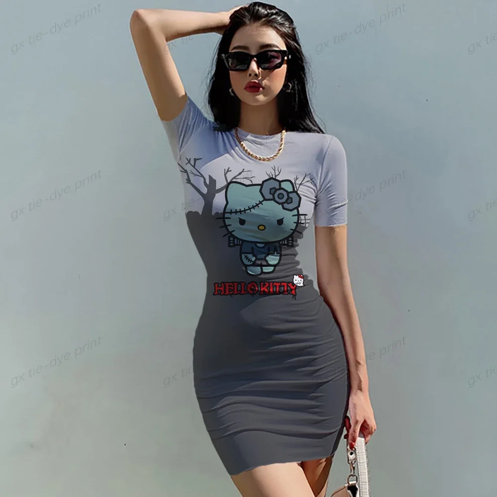 Hello Kitty 3D Print Bodycon Cami Midi Dress Boho Short Sleeve Skinny O Neck Slim Vacation Cartoon Skirt Summer Mini Dress Hot