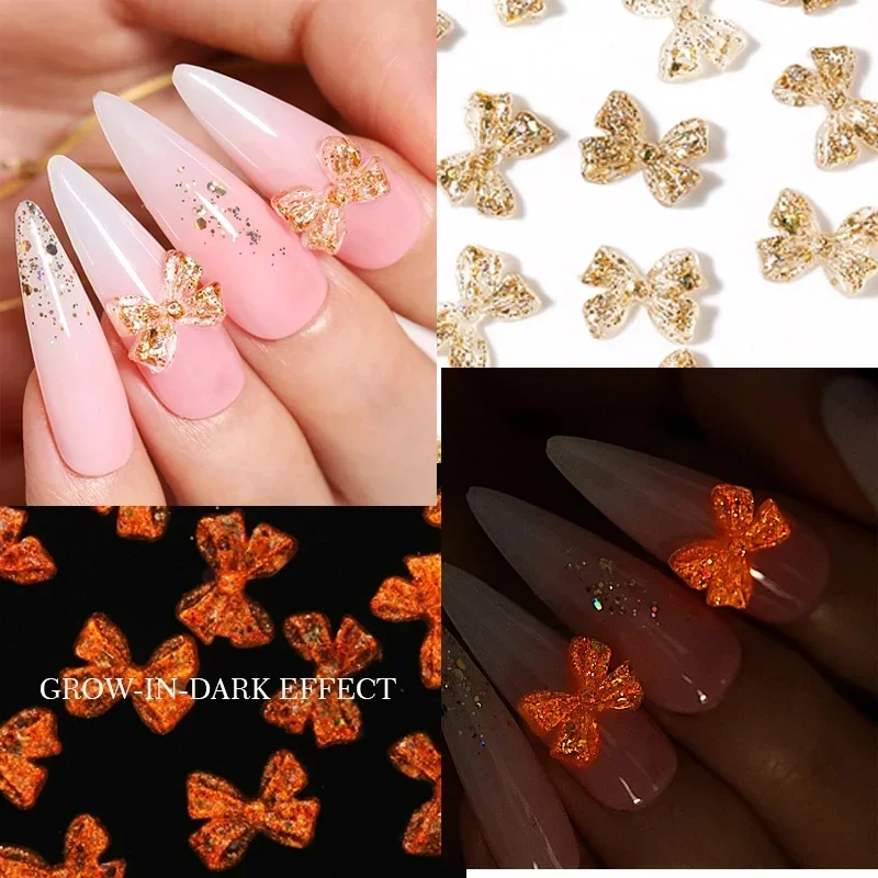 50 Stück Harz Gelee Band Bögen 3D leuchtende Nachtlichter Charms Zubehör Nail Art Dekoration durchscheinende Kristall Maniküre Schmuck