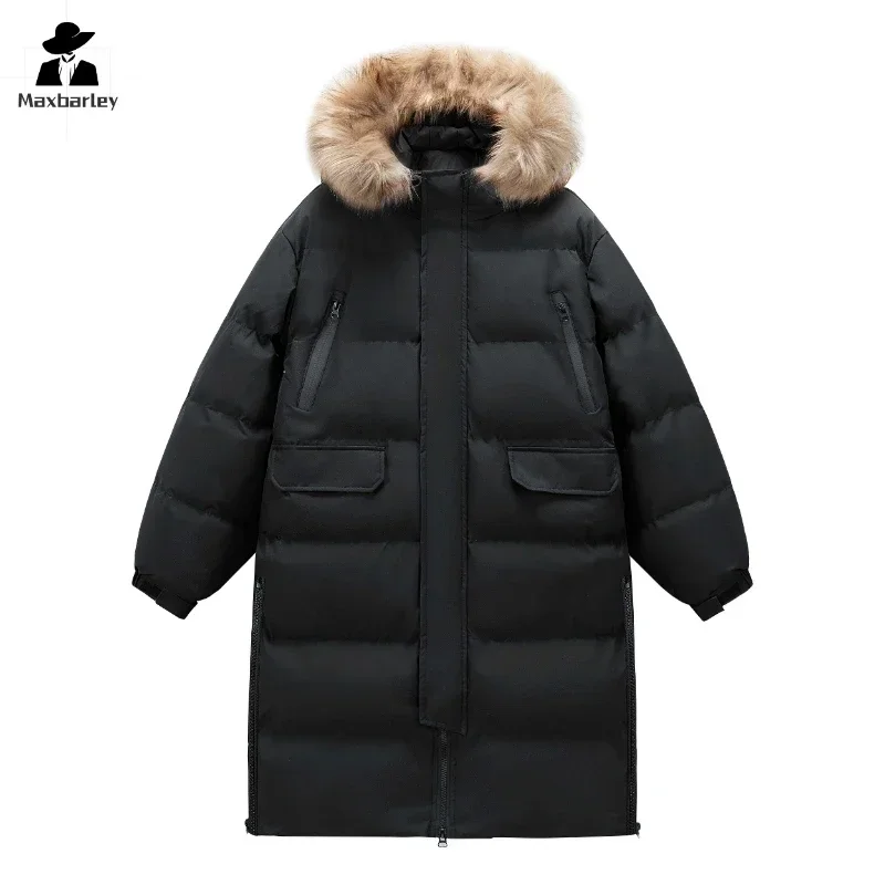 Winter Fur Collar Hooded Jacket Men's Brand Long Thick Warm Down Cotton Padded Coat Couple's Casual Large Pocket Windbreak Parka