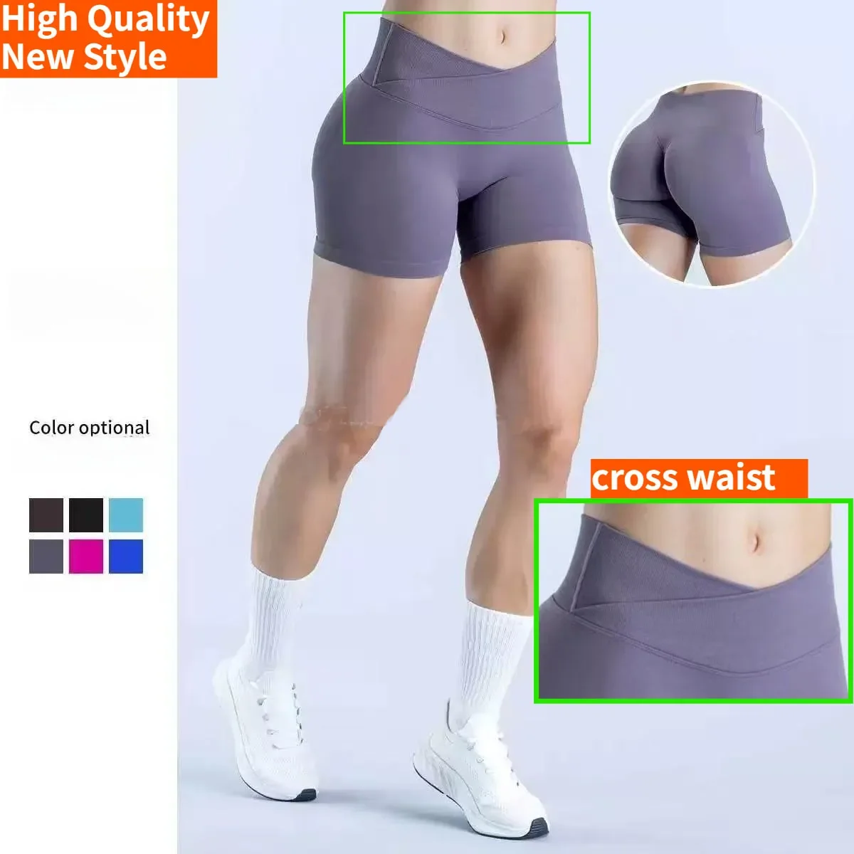 Sports Vision Shorts 4.5'' Crossover Waist Seamless Yoga Shorts Hip Lifting Women Workout Gym Shorts Fitness Scrunch Bum Shorts