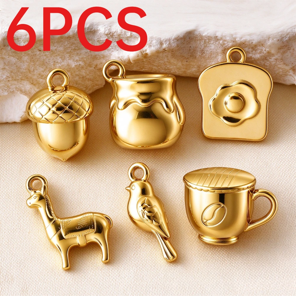 6Pcs 316L Stainless Steel 3D Animal & Food Pendants Pinecone Honey Jar Egg Bread Charms DIY Necklace Bracelet Jewelry Findings