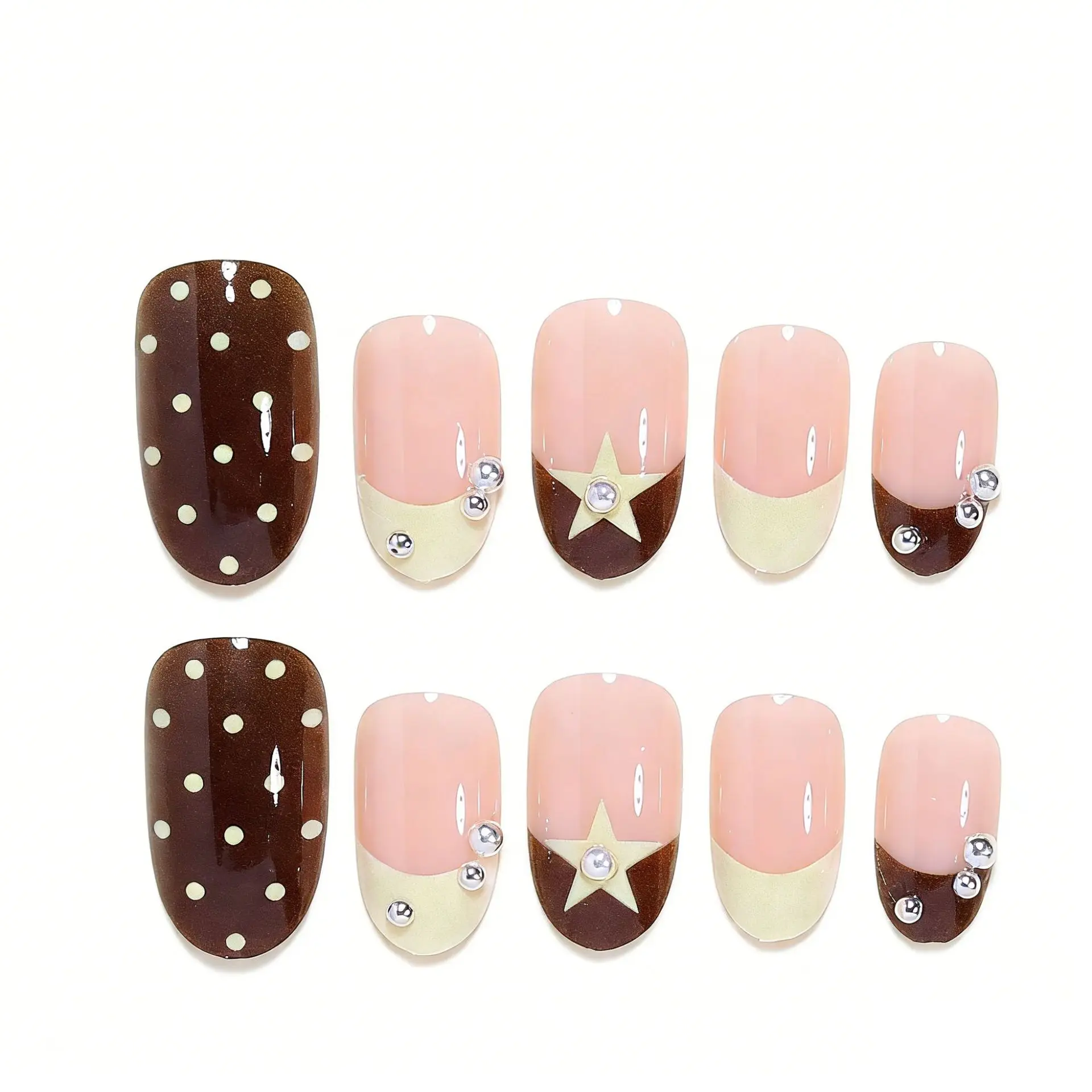 unhas-posticas-marrom-com-pontas-francesas-redondas-24-pecas-estampadas-com-estrelas-de-cinco-pontas-bolinhas-removiveis