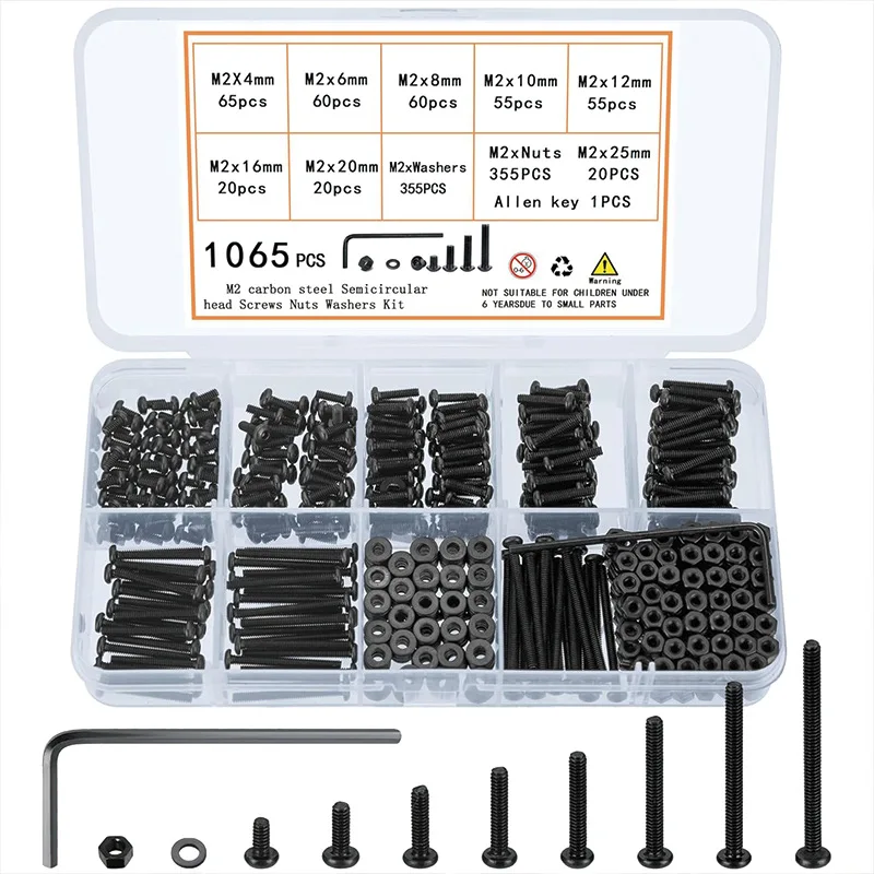 1065Pcs M2 Screws Assortment Kit, Pan Head Cap Bolts Nuts Washers with Hex Socket & Wrench Fastener Set