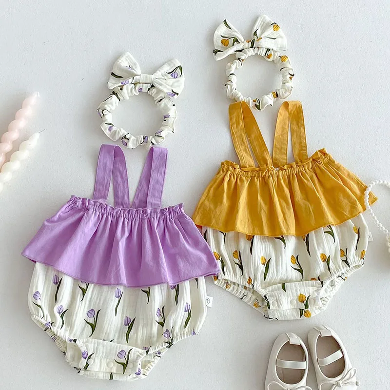 

2025 New Summer Korean Style Climbing Suit Sleeveless Cotton Print Newborn Baby Girls Romper+Hair band 0-24M Children Clothes