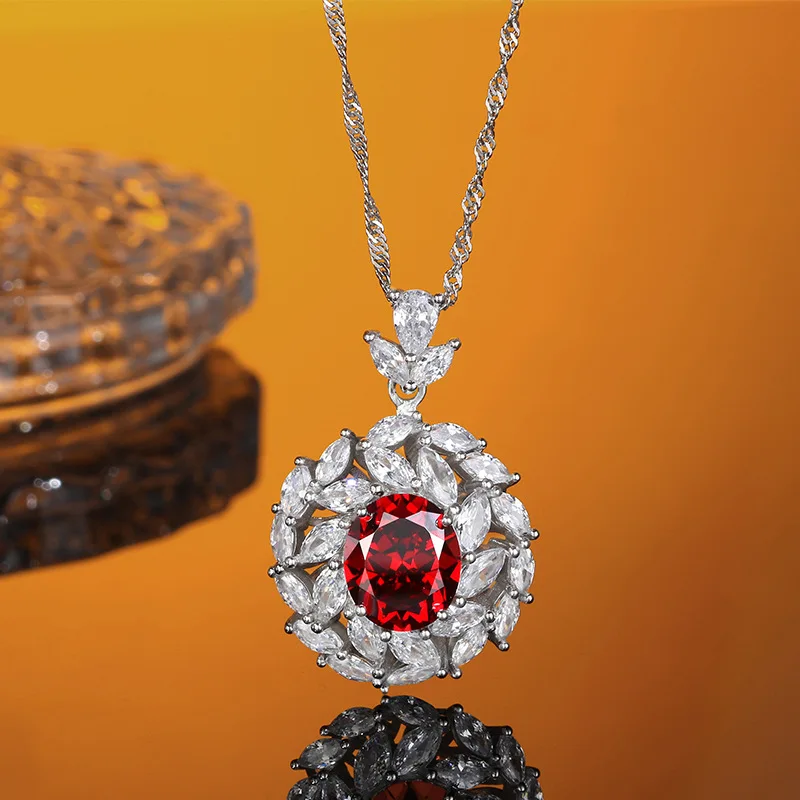 

Unique Sterling 925 Silver Lady Necklace with Pendant Made of Synthetic Ruby and Zircon,Lovely Sweet Style for Office Wearing