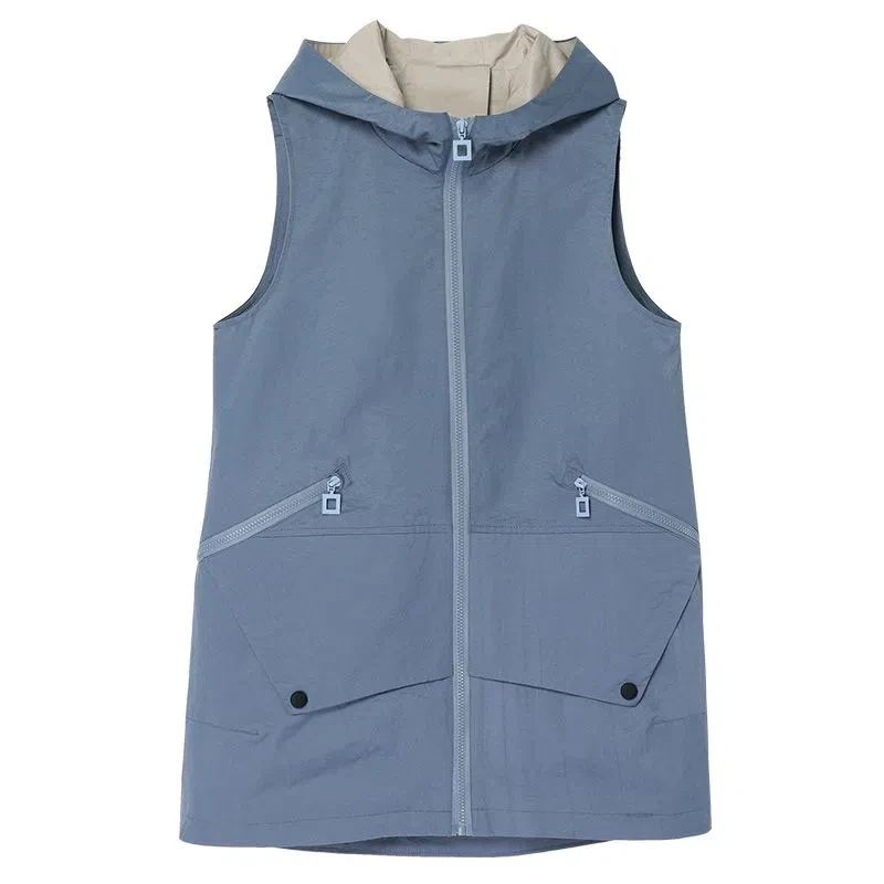 

Zipper Pocket Vest Coat Women 2023 Spring Autumn Waistcoat Windbreaker Loose Mid-Long Hooded Outwear Fashion Vests Jacket Female