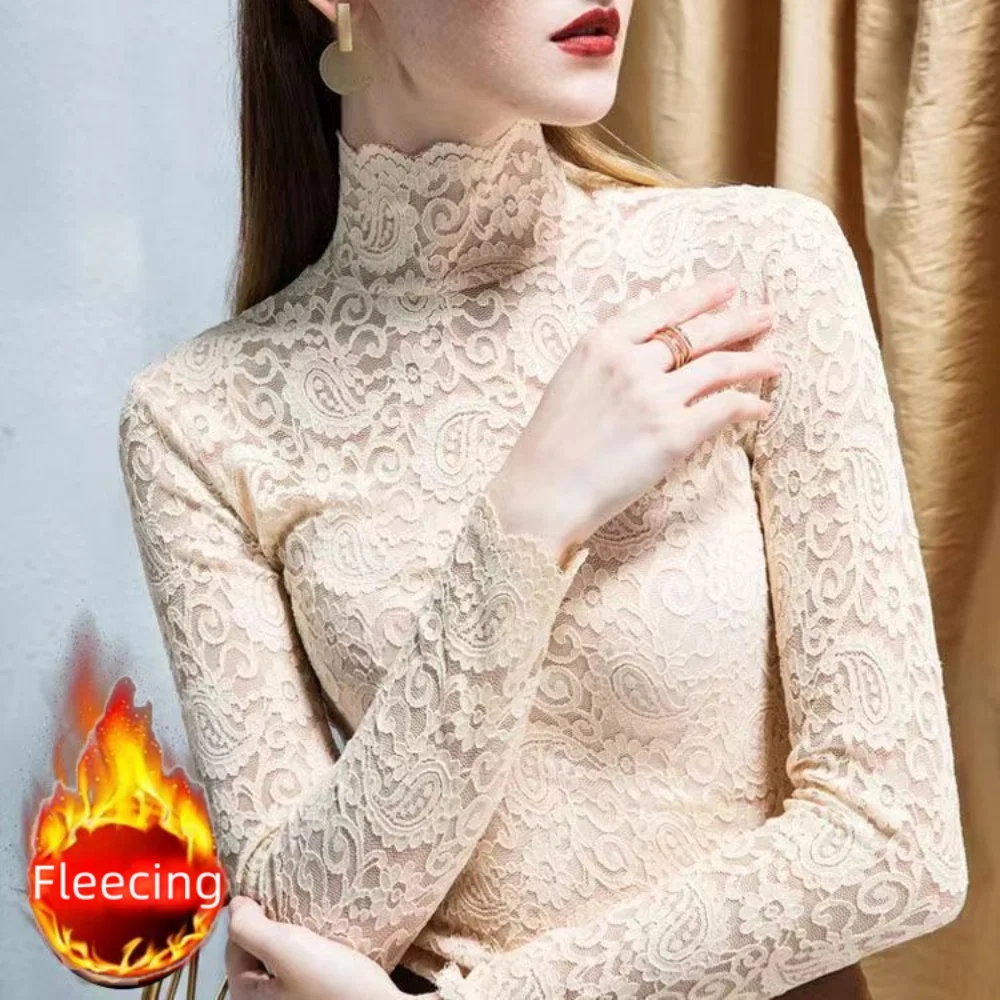 Autumn High Neck Lace Long Sleeve Thick & Thin Fleece Women Basic T-Shirt All-Match Elegant Trend Top Slim Sexy Sweet Underwear