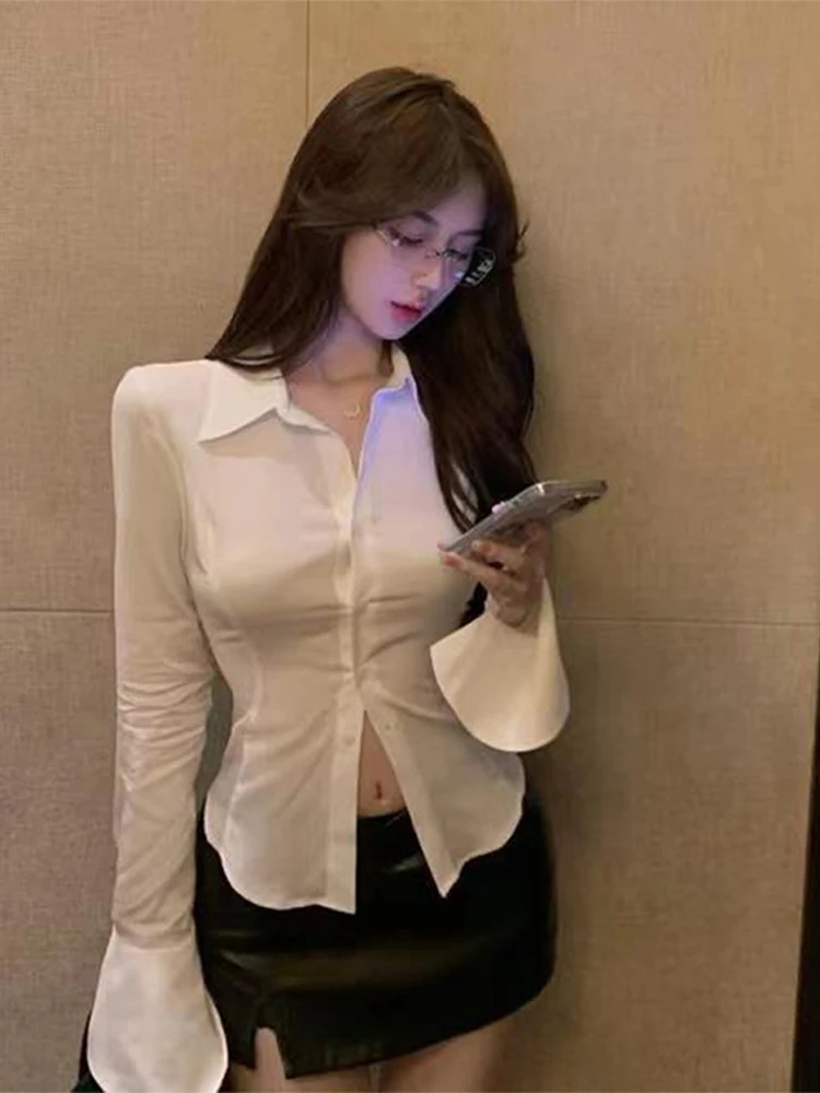 White Office Women Chiffon Shirt Pocket Button Lapel Ladies Blouse Spring Commuter Long Sleeve New Female Crop Tops Korean