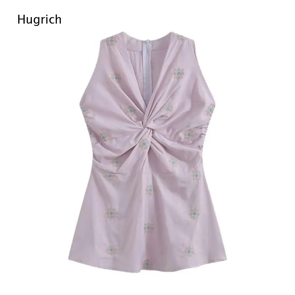 Elegant Pale Purple Sleeveless Front Twist Ruched Blouse Colorful Geometric Stitch Embroidery Slim Casual Summer Tank Top