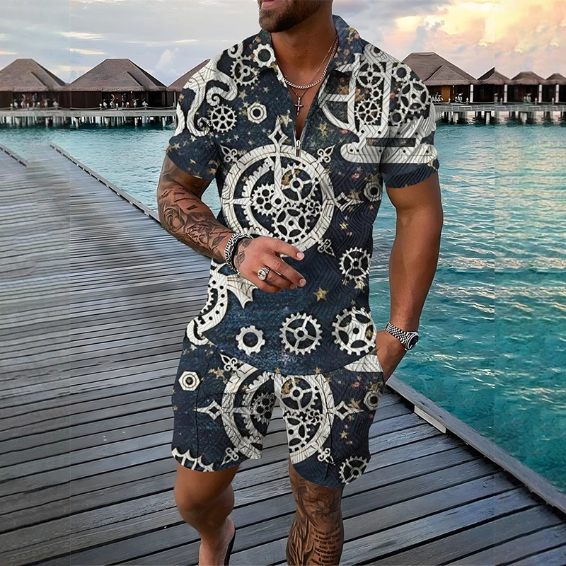 Funny 3D Print Men's Sets Fashion Polo Shirt+Shorts 2 Piece Outfit Fashion Zipper Short Sleeve Shirts Summer Hip Hop Streetwear