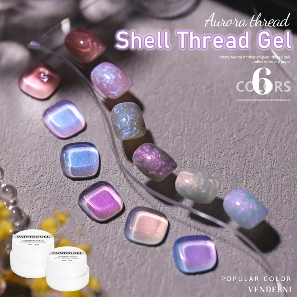 

Vendeeni 6 Colors Pearl Shell Thread Nail Gel Polish Aurora Effect UV Soak Off Gel Varnish DIY Shell Thread Nail Art Gel Lacquer