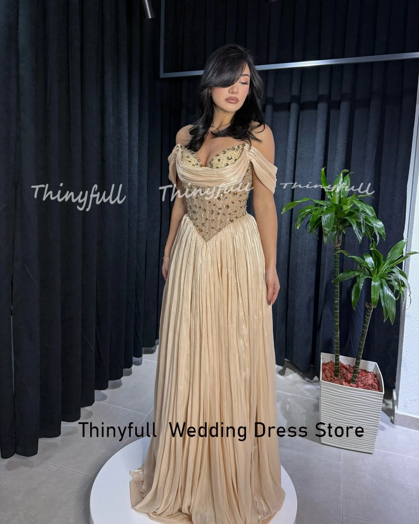 Thinyfull A-line Off Shoulder Prom Dresses Sweetheart Crystal Arab Glitter Evening Gown Formal Dress robes de soirée Customized
