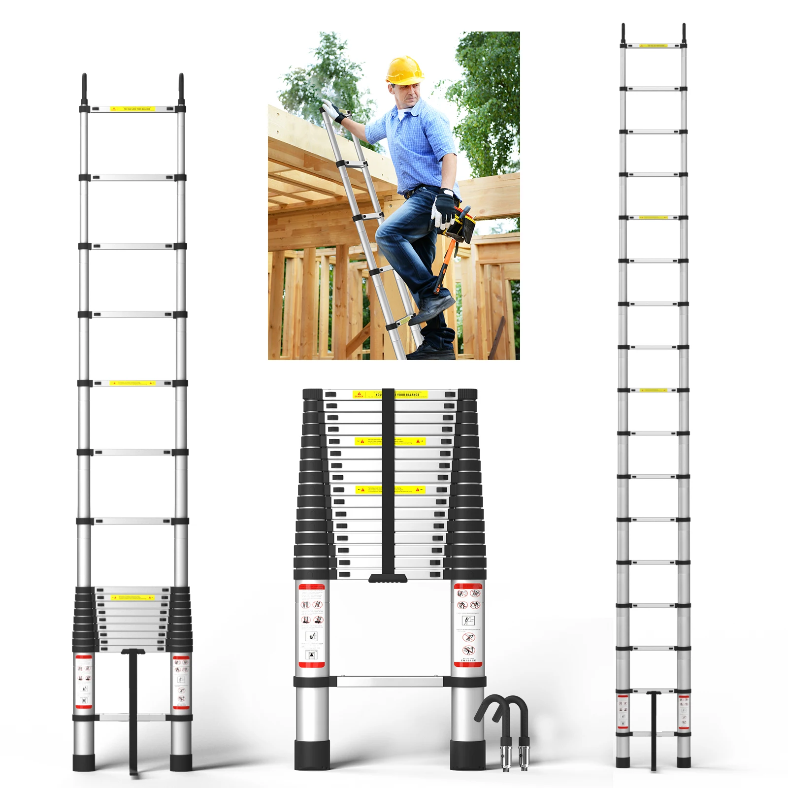 

16.4Ft 5M Extendable Alminium Ladders Telescopic Folding Extending Portable 16 Steps Loft 2 Detachable Roof Hooks