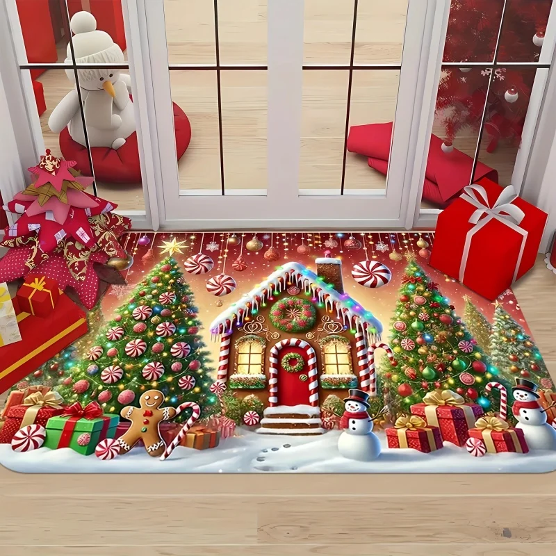 Gingerbread House Christmas Doormat, Candy House Snowman Printed Floor Mat, Entryway Xmas Decor