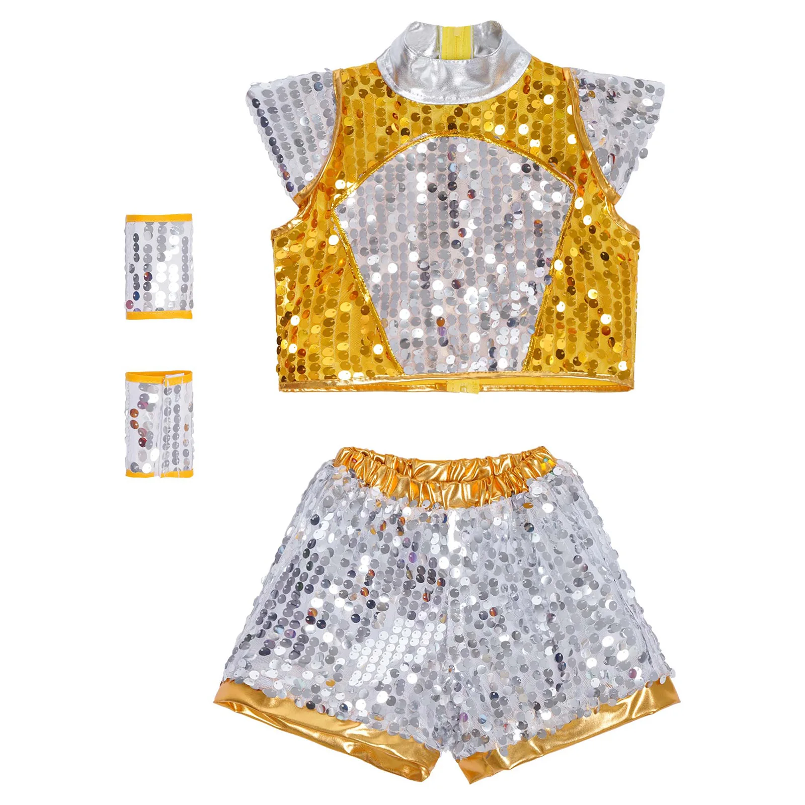 Boys Shiny Sequin Jazz Dance Outfit Children Cheerleading Outfit Performance Cosplay Fashion Costume Kid Cap Sleeve Crop Top Set