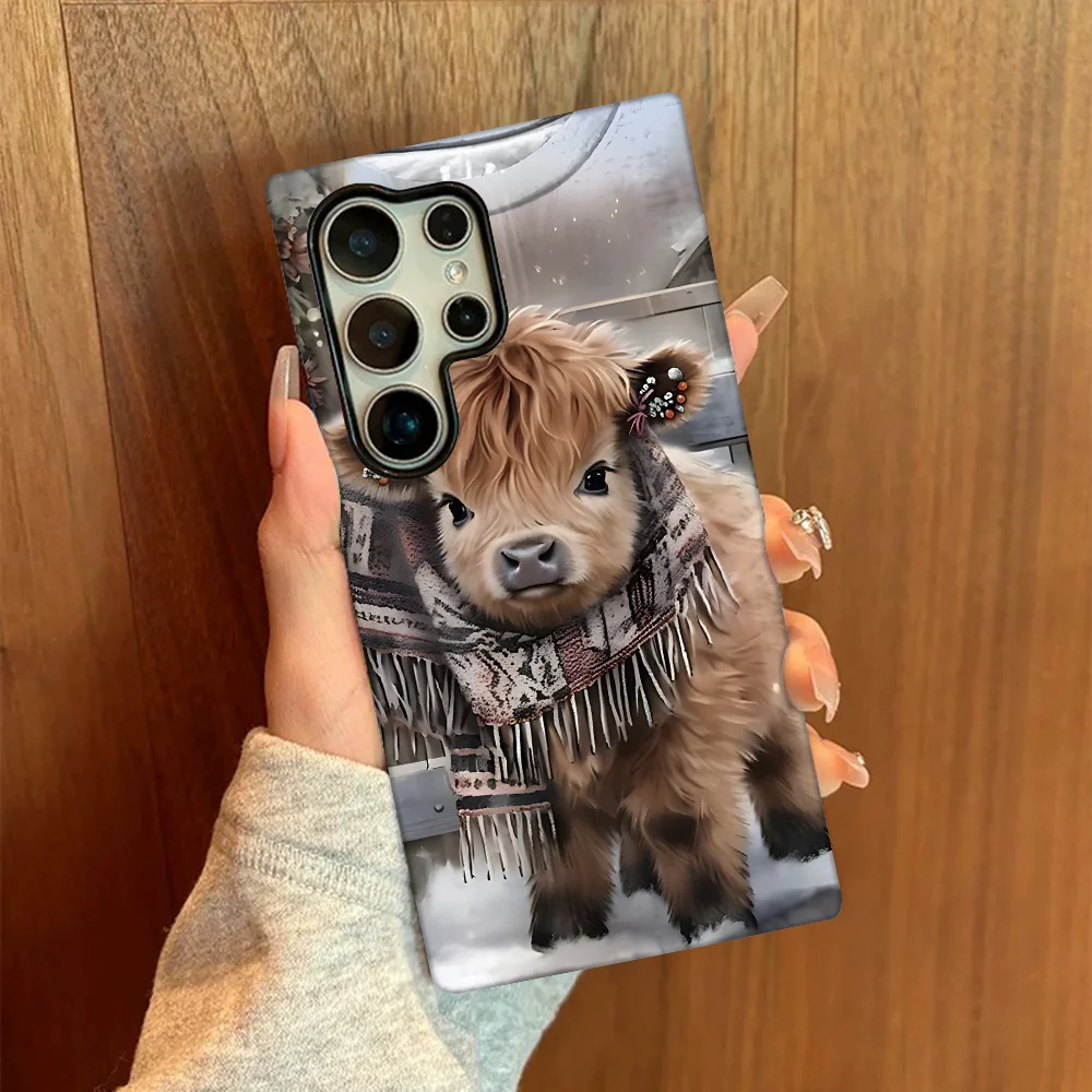 Funda de teléfono Snow Cute Highland Cow para Samsung GalaxyS25 S24 S22 S21FE Ultra Plus A16 A26 A36 A56 4G 5GDdoble capa anticaída