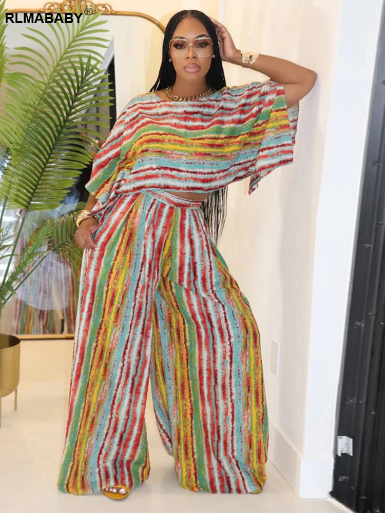 

RLMABABY Повседневная свободная красочная полосатая укороченная рубашка с принтом и широкие брюки с высокой талией Женский комплект из двух предметов Брюки Наряды