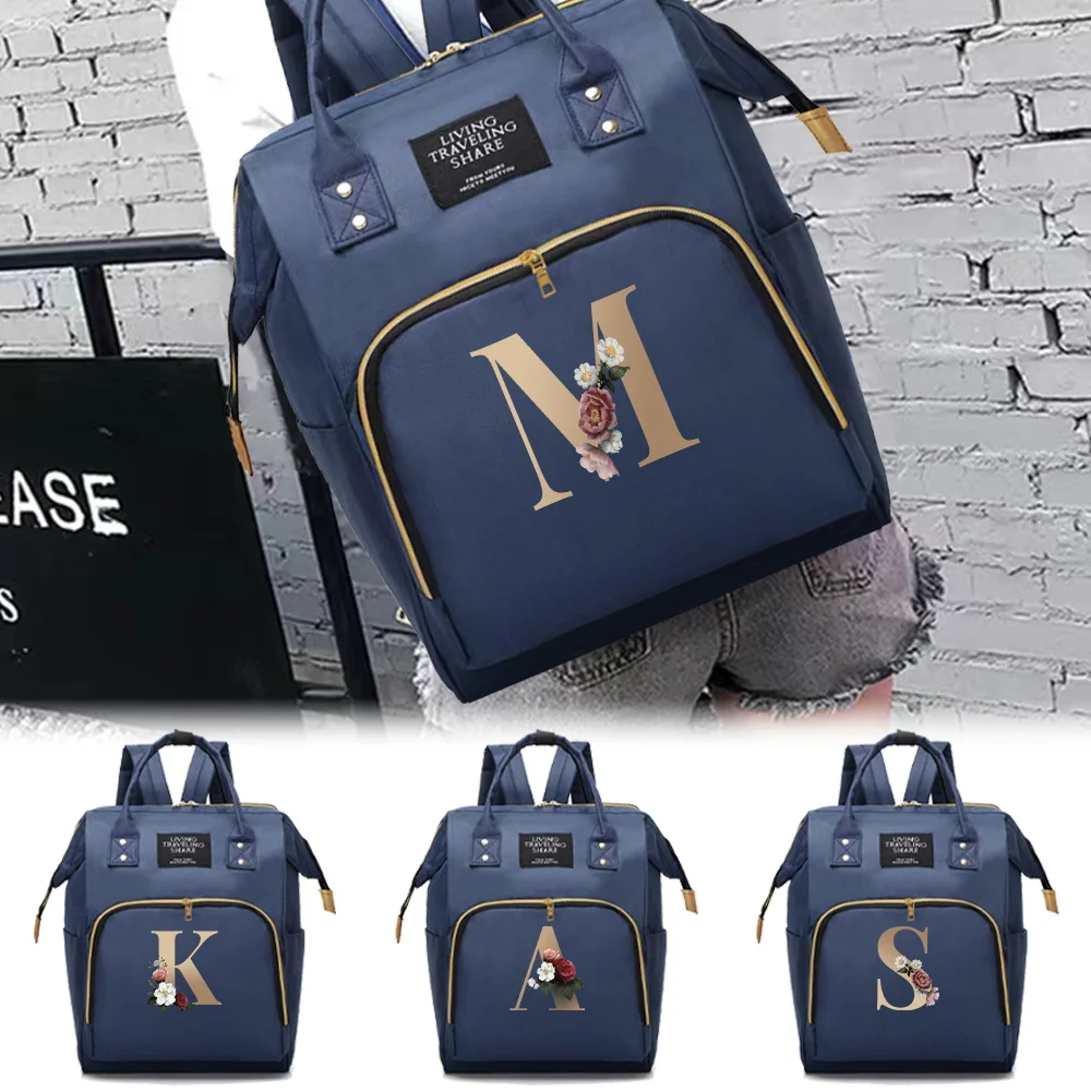 

Unisex Mommy Pack Large Capacity Compartments Zipper Backpack Portable Gold Letter Pattern Casual Travel Storage Shopping Bag