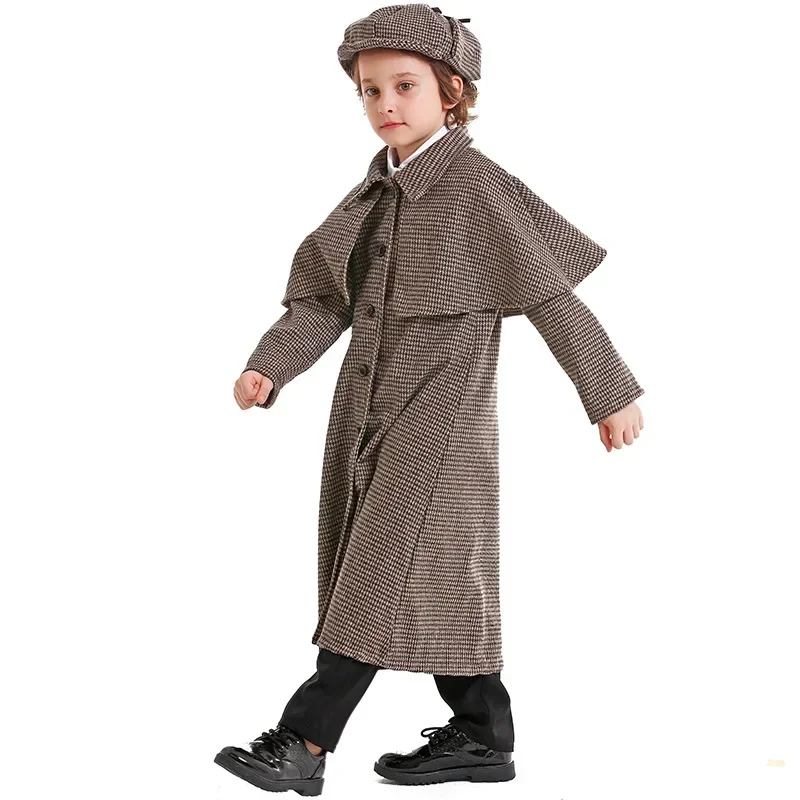 Movie Character British Plaid Turtleneck Coat Boy girl Cosplay Retro Detective Costume Halloween Child Game Uniform