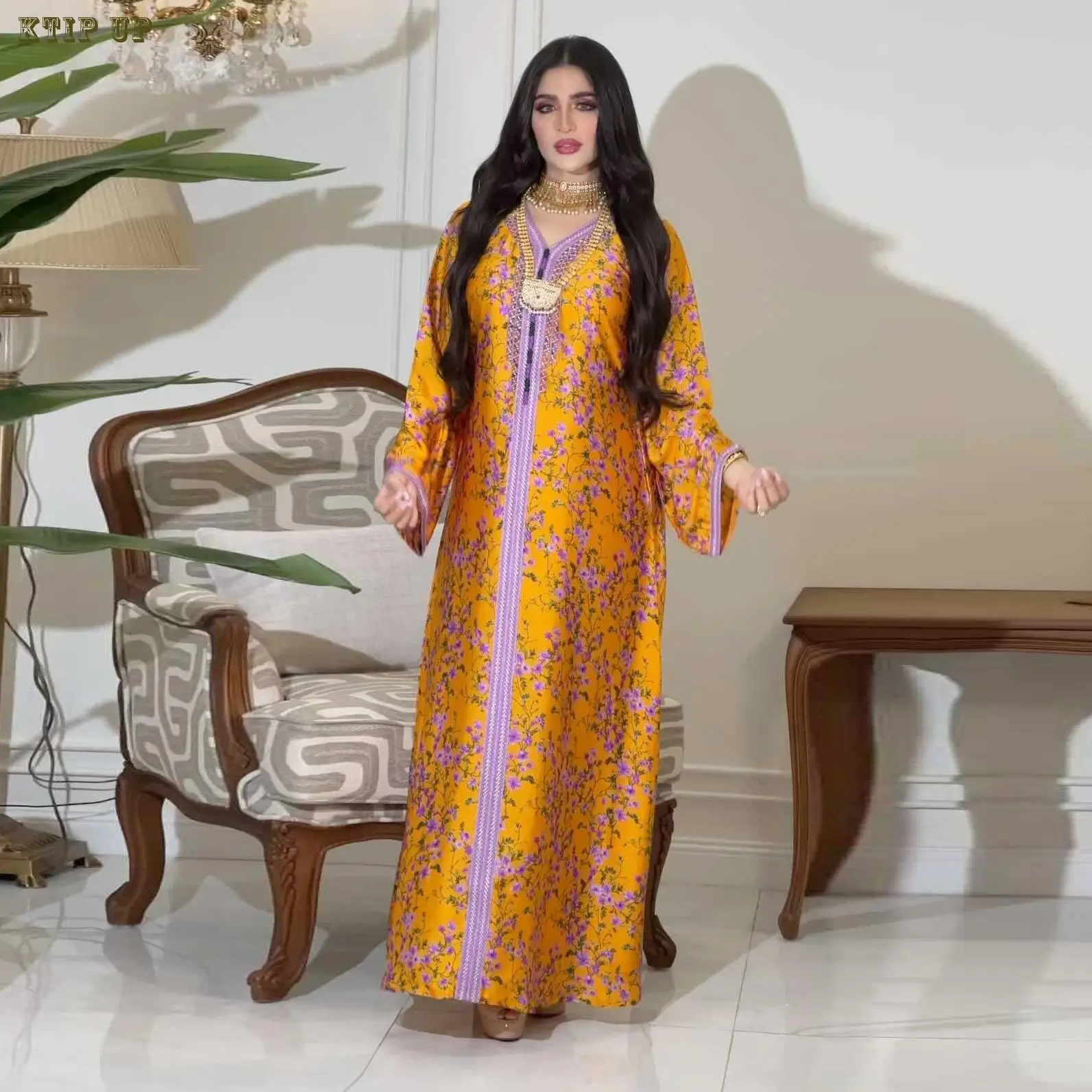 Long Printed Dress for Muslim Women Eid Middle East Dubai Islam Galabia Moroccan Caftan Woman Robe Party Dresses Abaya Kaftan