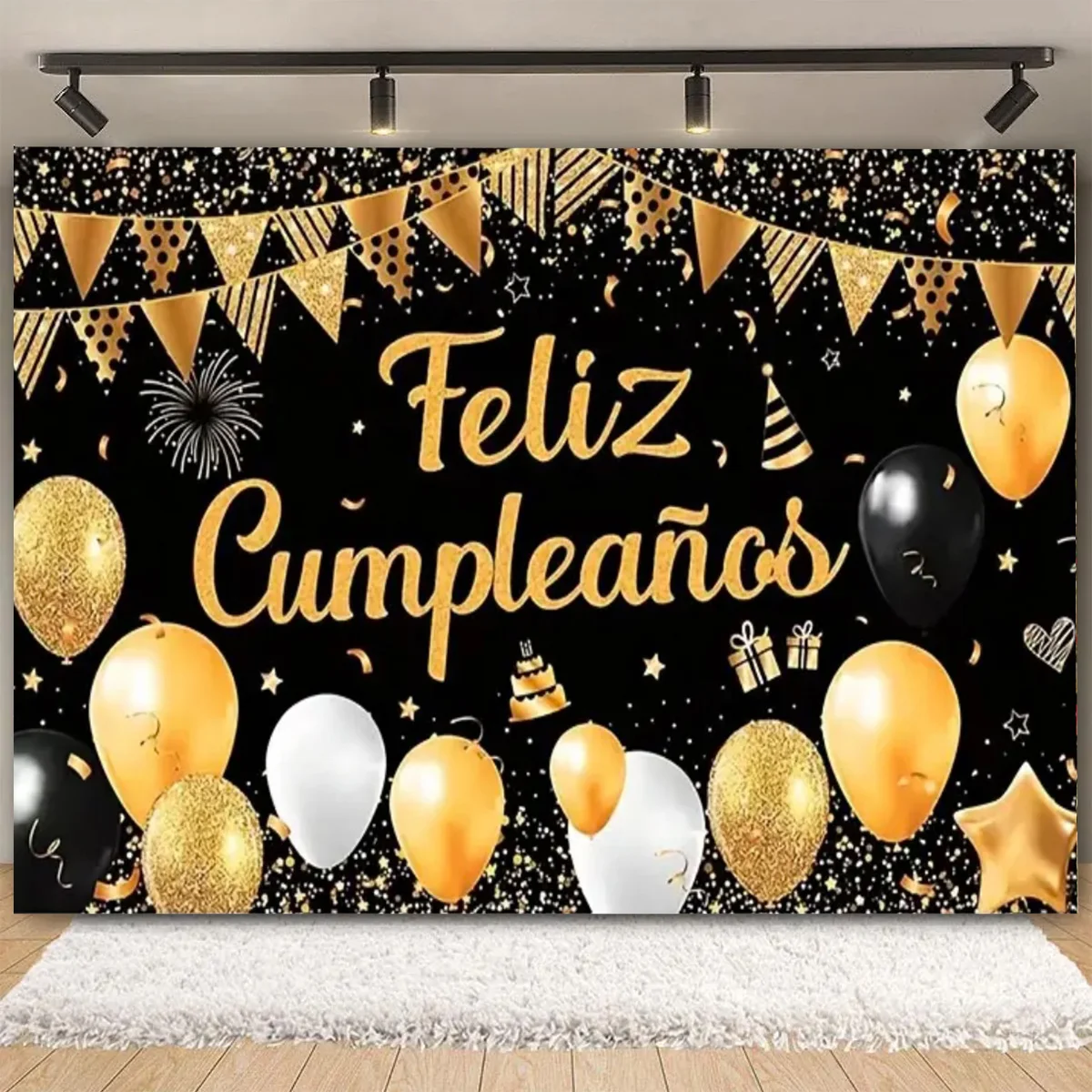 Black Gold Feliz cumpleaños Backdrops Birthday Gold Glitter Balloon Party Decor Spanish Kids Baby Shower Adult Anniversary Age