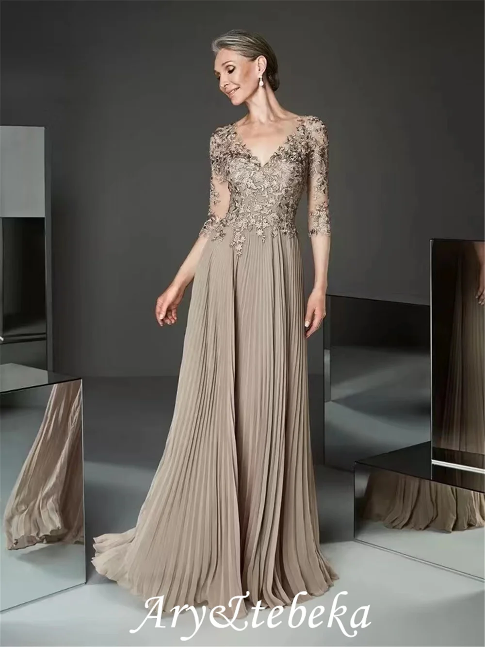 Vestidos de novia champán elegantes, Apliques de encaje de media manga, invitados de vestido de fiesta de boda, bata de mujer