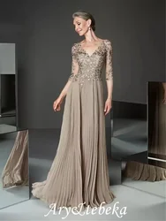 Elegante Champagne Mutter der Braut Kleider Spitze Appliques Halbe Hülse Lange Hochzeit Party Gast Kleid femme robe de soiree