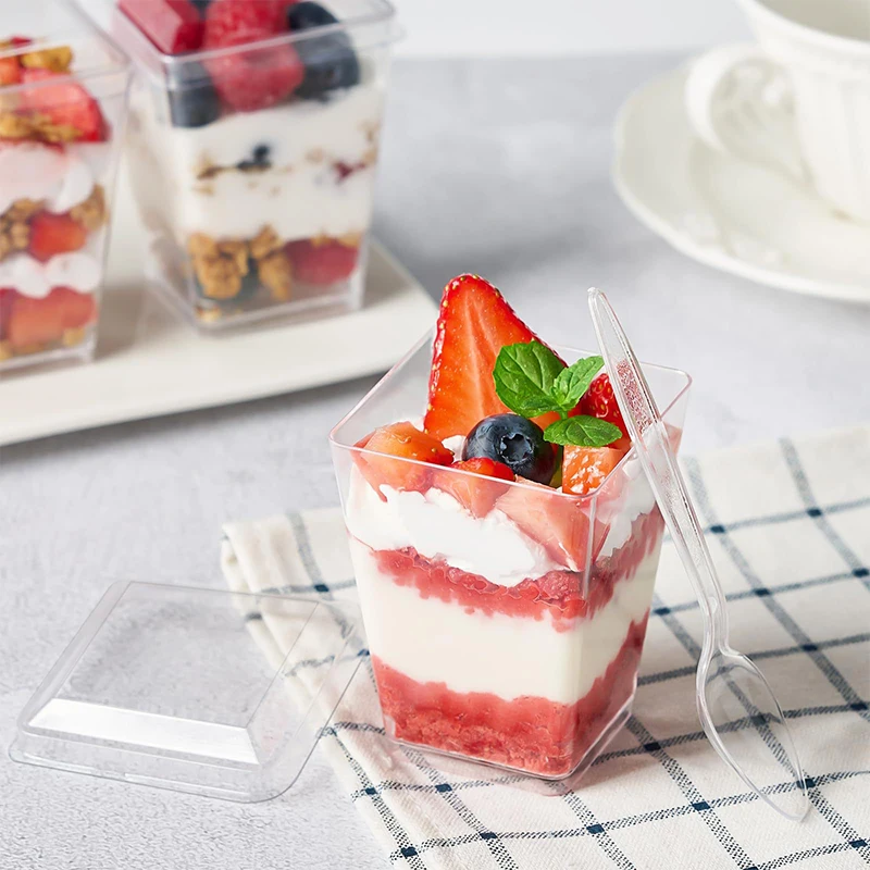 10pcs Trapezoidal Square Mousse Cake Cup Disposable Plastic Pudding Cup Yogurt Dessert Ice Cream Cup With Lid