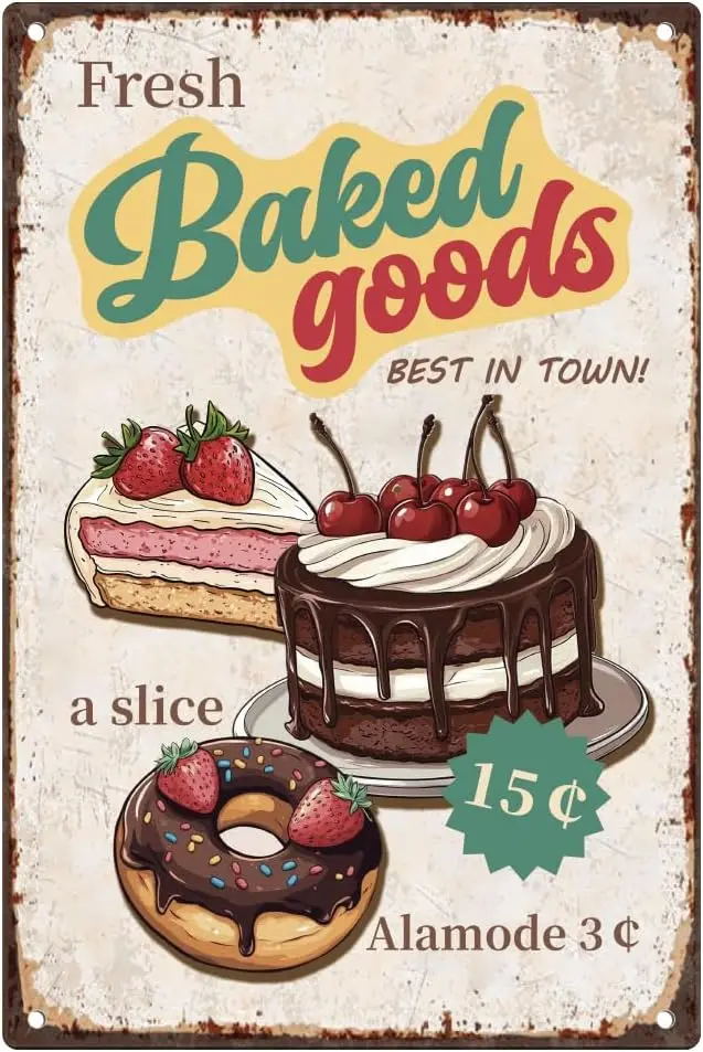Fresh Baked Goods Vintage Tin Sign Retro Art Wall Poster for Home Kitchen Restaurant Bakery Wall Decor 7.9 X 11.9 Inch