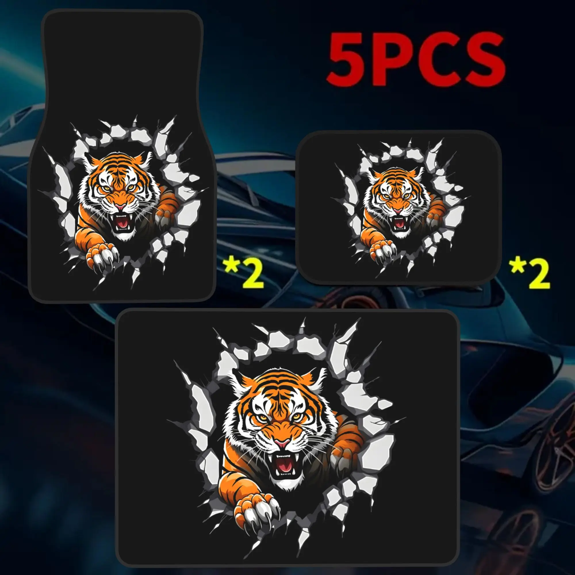 2D Plane 5pcs Wall Breaking Tiger Print Car Floor Mat | Trunk Liner -5pcs Set (including 4 Floor Mats And 1 Trunk Liner) With St
