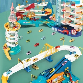 Adventure Parking Building Dinosaur rolled Mountain Track Toy Electric Racing Rail Car Toy giocattoli educativi per bambini regalo per ragazzo