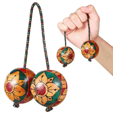 Aslatuas Hand Drawn Sand Rhythmic Balls African Shaker Maracas Balls Instruments Hand Shaker Wooden Kashaka Shakers