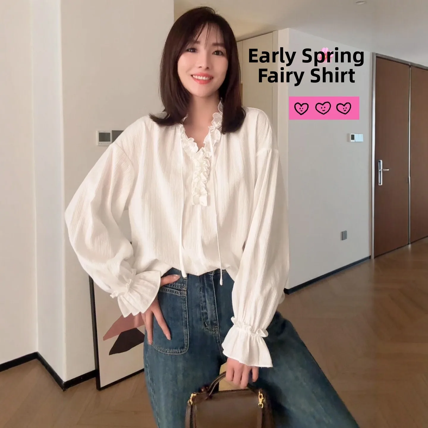 

White Wooden Ear Lace-Up V-Ne Long Sve Women's Spring Autumn Loose Lazy Sle irt Unique Bell Sve Top Commute Sle