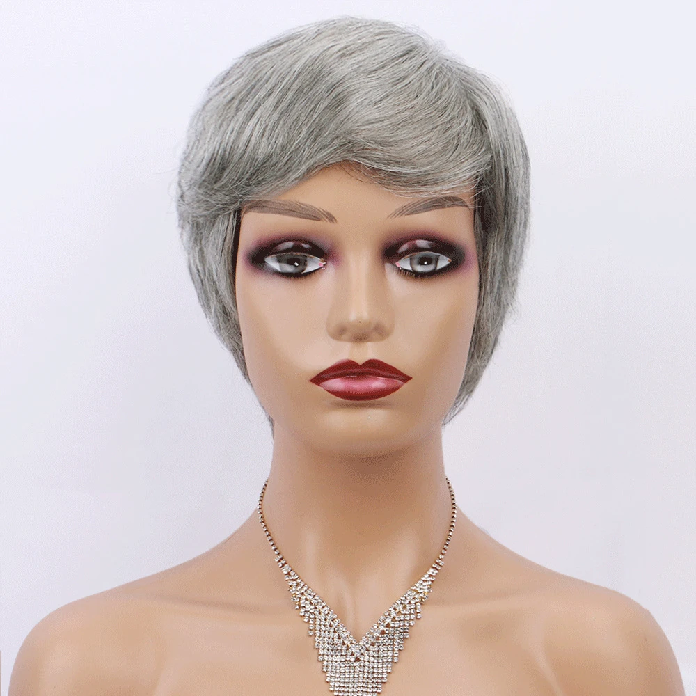 

Real person hair wig, full head set short wig, light grey grey grandmother grey wig, suitable for women's daily life
