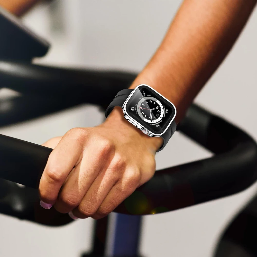 Verre + étui pour Apple Watch 42 46mm 45mm 41mm 49mm 44mm 40mm, housse de protection d'écran à bord droit iWatch SE 6 7 8 9 10 Ultra