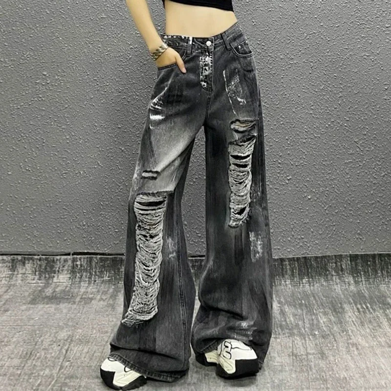 

Vintage Black Tie-Dye Gothic Ripped Jeans Women High Waist 2000s American Retro Punk Hip-Hop Loose Wide Leg Denim Pants