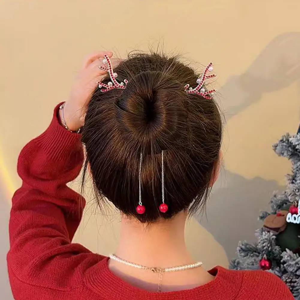 Festive Hair Accessory Festive Christmas Reindeer Hair Accessories Set with Rhinestones Pearls Ponytail Bun Holder for Women