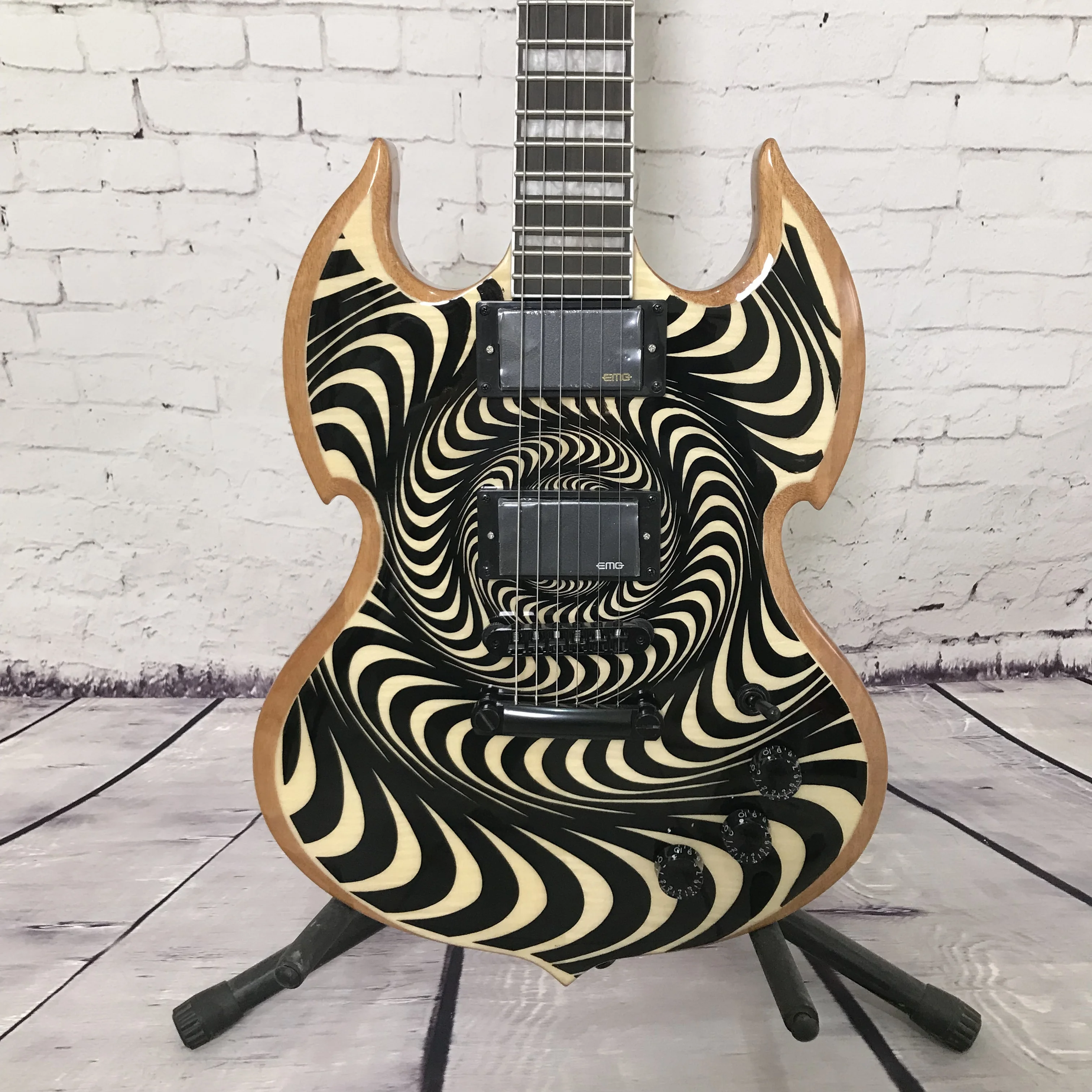 Natural Wood with Black and White Spiral Custom Swirl Pattern Electric Guitar Optical Illusion Design Rock Music Free Shipping
