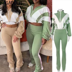 FAGADOER Spring New Casual Two Piece Outfits Woman Color Block Long Sleeve Zipper Jacket and Jogger Pants Tracksuit Streetwear