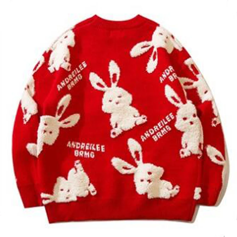 Red Rabbit Print Round-neck Sweater Men's Casual Loose Comfortable Sweater Couples Street Harajuku Oversized Streetwear Pullover