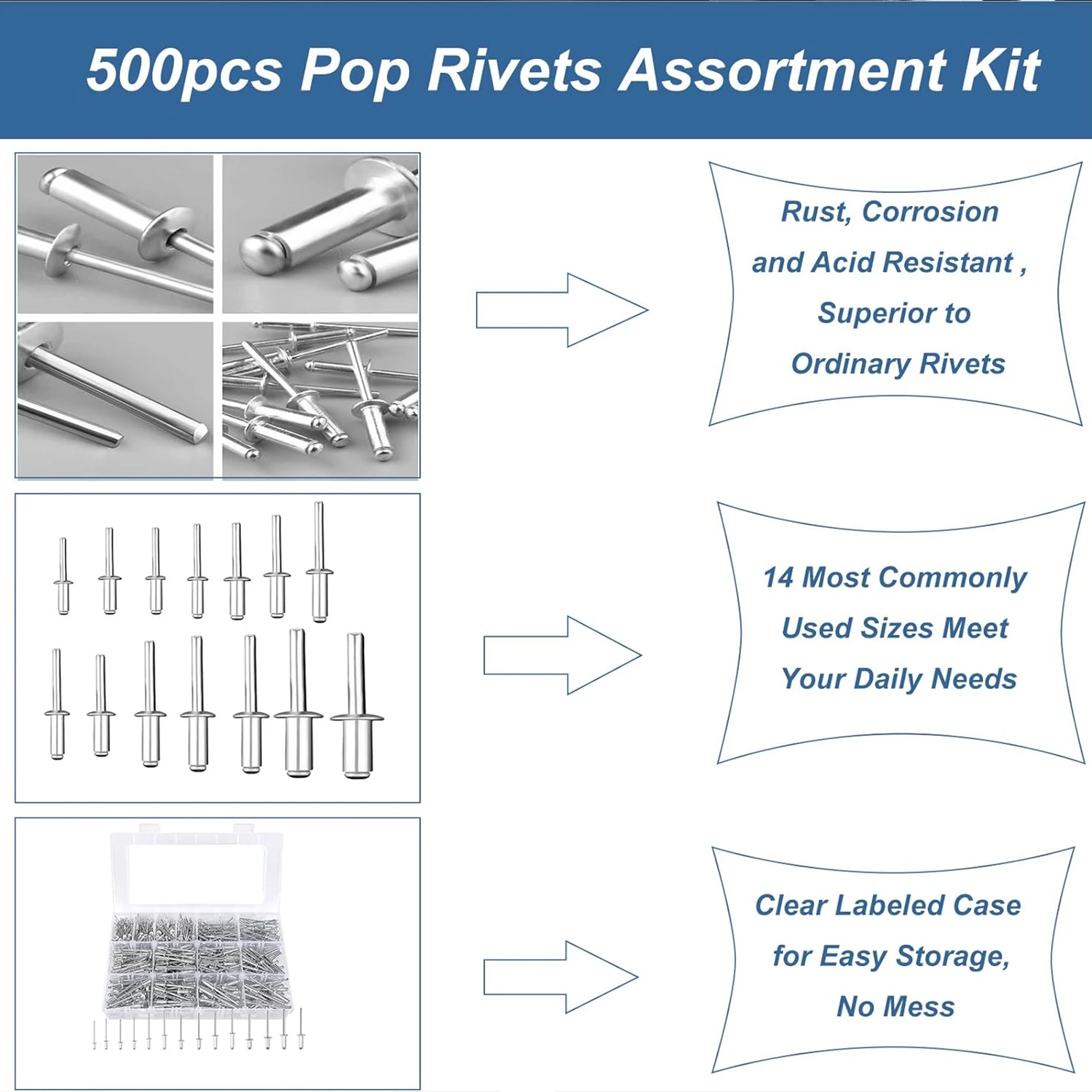 مجموعة متنوعة من مسامير البوب 120/ 200 قطعة، 14 مقاسًا من المسامير الألومنيوم العمياء (3/32 بوصة 1/8 بوصة 5/32 بوصة 3/16 بوصة) مسامير أعمى متنوعة #6