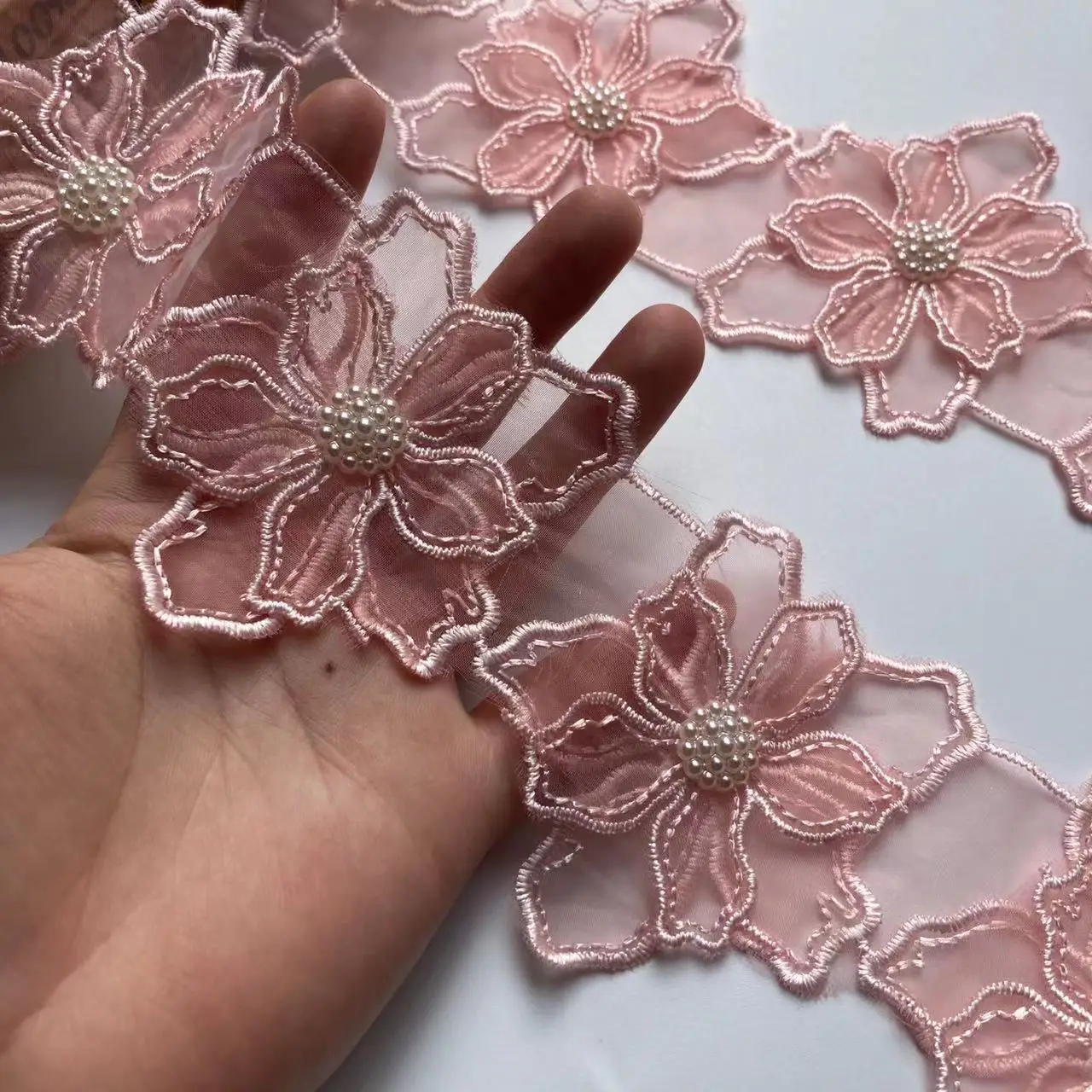 1 Yard 7.5cm Pink Pearl Beaded Embroidered Flower Lace Trim Floral Applique Patches Fabric Sewing Craft Vintage Wedding Dress