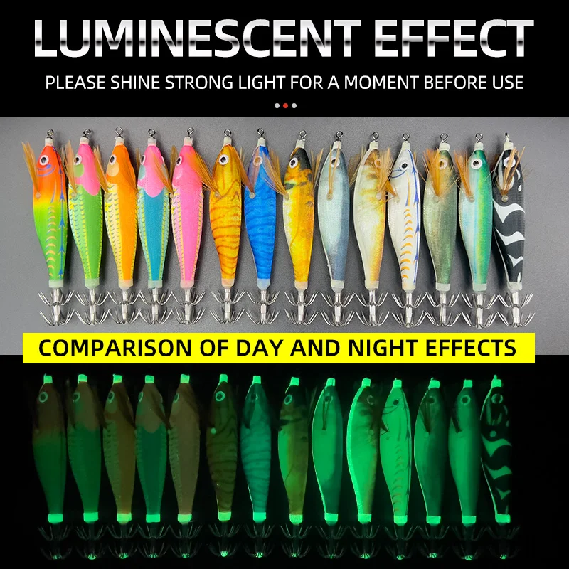 ShareShark Fishing Lure 14PCS Fishing Wood Shrimp Luminous Squid Octopus Cuttlefish Bait 3D Eye Hard Bait Fishing Tools