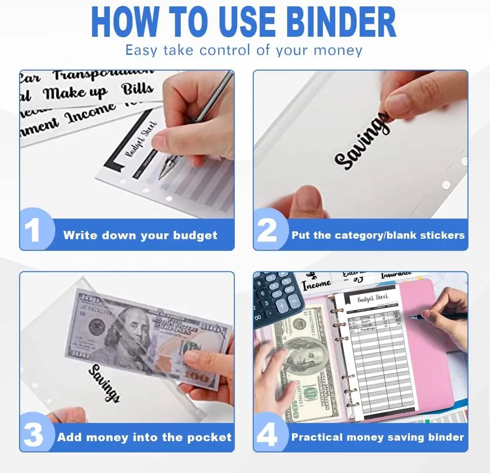 2024 laser Budget Binder Zipper Envelopes Organizer Cash Envelopes for Budgeting Saving Money A6 Planner 6 Pockets Accessories