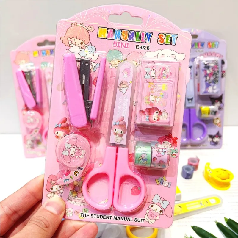 Cartoon Sanrio Stationery Set Kuromi Kitty Student Scissors Stapler Tape Combination Kid Gift Home Book Binding Machine Stapler